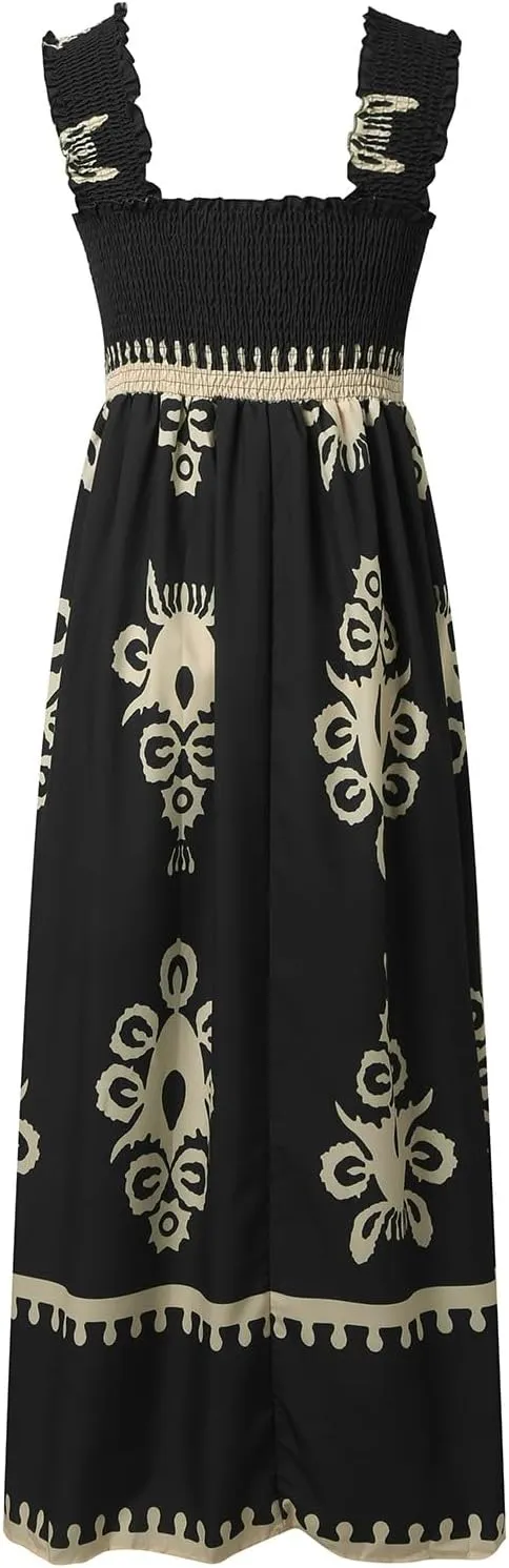 Women's Summer Dresses Sleeveless Casual Boho Maxi Long Dress Square Neck Smocked Floral Beach Vacation Sundresses 3