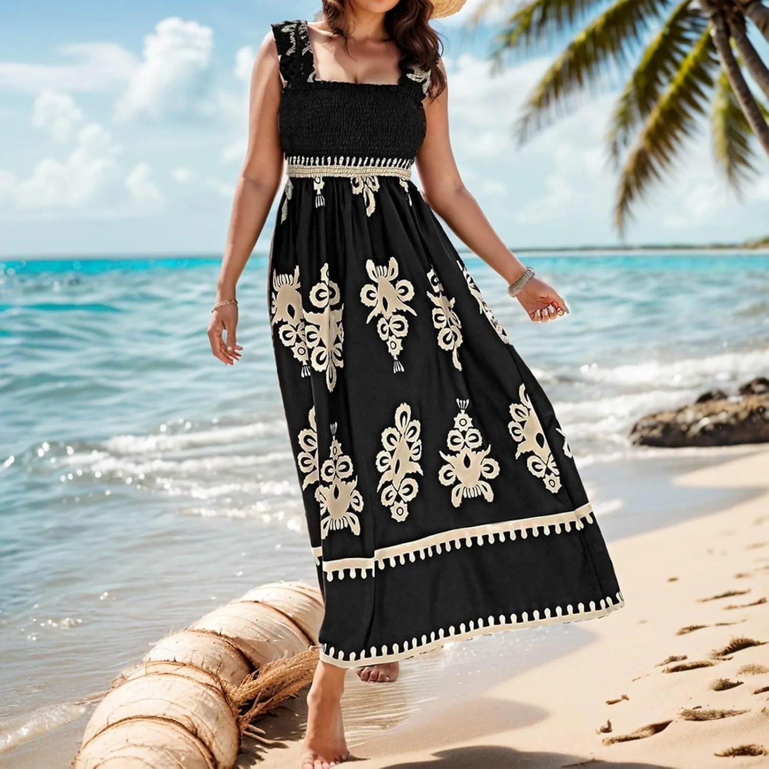 Women's Summer Dresses Sleeveless Casual Boho Maxi Long Dress Square Neck Smocked Floral Beach Vacation Sundresses 3