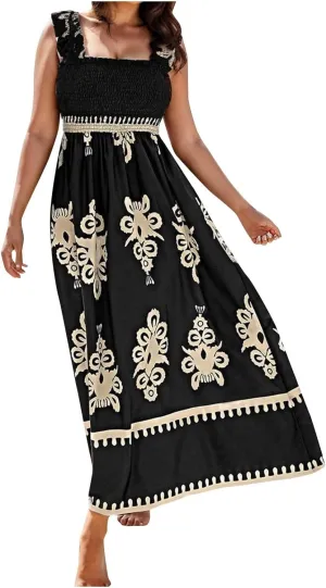 Women's Summer Dresses Sleeveless Casual Boho Maxi Long Dress Square Neck Smocked Floral Beach Vacation Sundresses 3