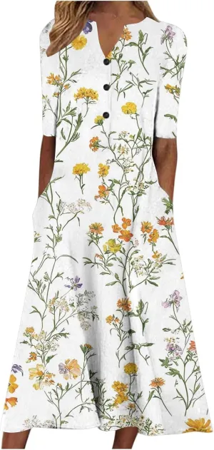 Womens Summer Dresses V Neck Floral Printed Midi Dress Casual Short Sleeve Dresses Trendy Flowy Vacation Sundresses