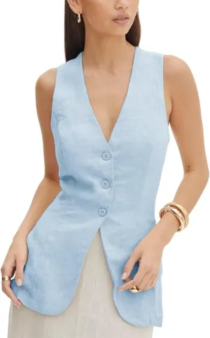 Women's Summer Linen Vest Sleeveless 3 Button V Neck Casual Beach Waistcoat