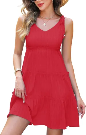 Women's Summer Tiered Sundress, V-Neck Sleeveless Ruffle Casual A-Line Beach Mini Dress with Shoulder Ties Red S