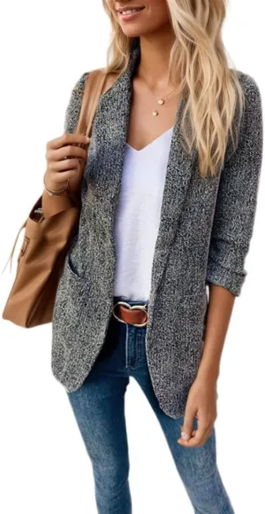 Womens Tweed Casual Fashion Blazers Coat Open Front 3/4 Sleeve Fall Work Office Jackets Blazer Work Suits with Pocket