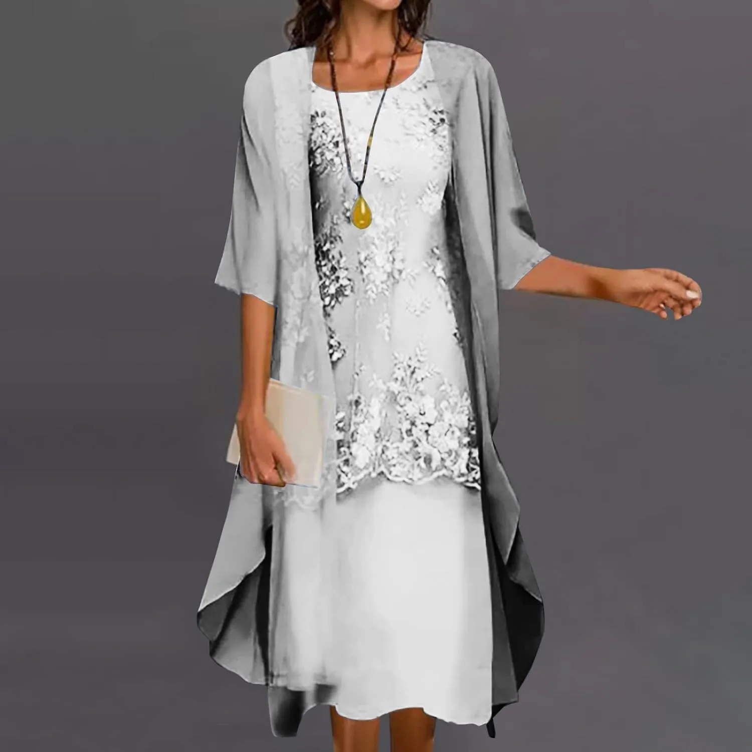 Womens Two-Piece Set Floral Embroidered Midi Dress with Chiffon Cardigan Sleeveless Plus Size Wedding Guest Dresses