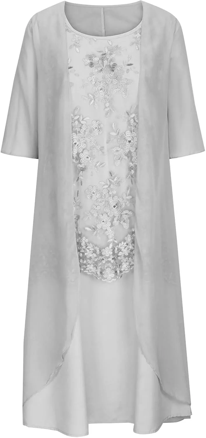 Womens Two-Piece Set Floral Embroidered Midi Dress with Chiffon Cardigan Sleeveless Plus Size Wedding Guest Dresses