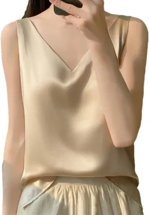 Women's V-Neck Satin Classic Sleeveless T-Shirt Solid Color Temperament Simple Sleeveless Camisole