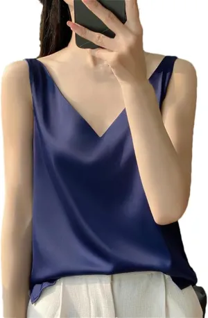 Women's V-Neck Satin Classic Sleeveless T-Shirt Solid Color Temperament Simple Sleeveless Camisole