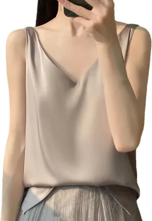 Women's V-Neck Satin Classic Sleeveless T-Shirt Solid Color Temperament Simple Sleeveless Camisole