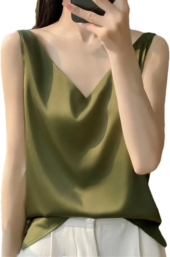 Women's V-Neck Satin Classic Sleeveless T-Shirt Solid Color Temperament Simple Sleeveless Camisole