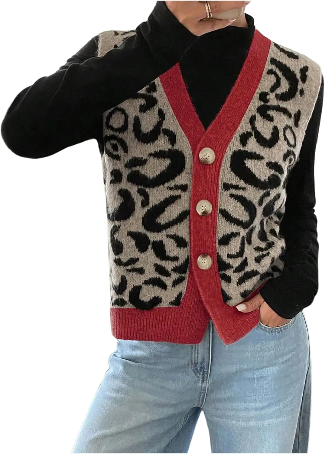 Women's Y2k Leopard Print Sweater Vest Cheetah Sleeveless Button Down V Neck Casual Knit Tank Tops