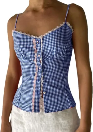 Women's Y2k Plaid Lace Patchwork Slim Fit Retro Sleeveless Camisole