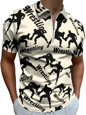 Wrestling Casual Polo Shirts for Men Short Sleeve Zippered Tops Slim Fit Sports T-Shirt