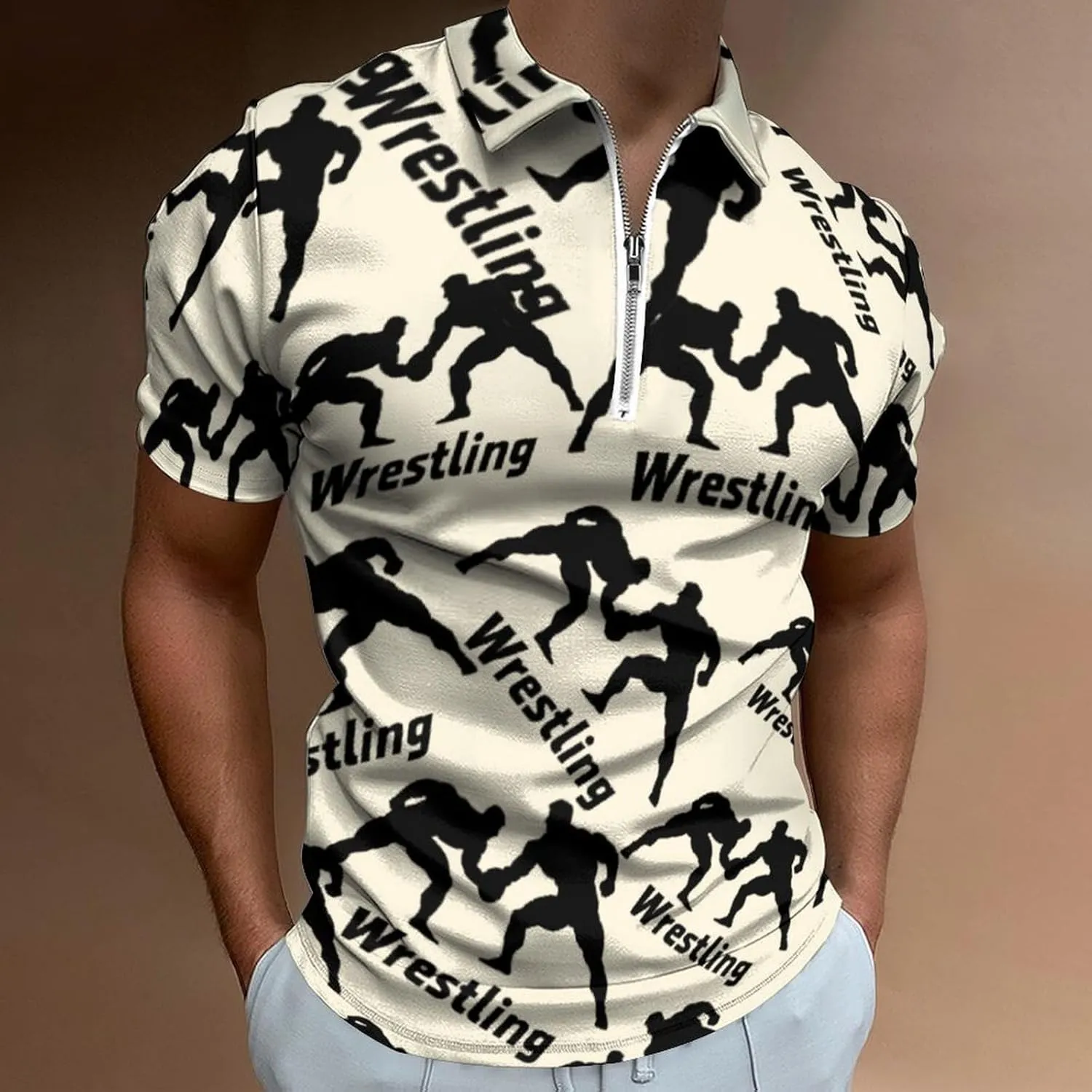 Wrestling Casual Polo Shirts for Men Short Sleeve Zippered Tops Slim Fit Sports T-Shirt