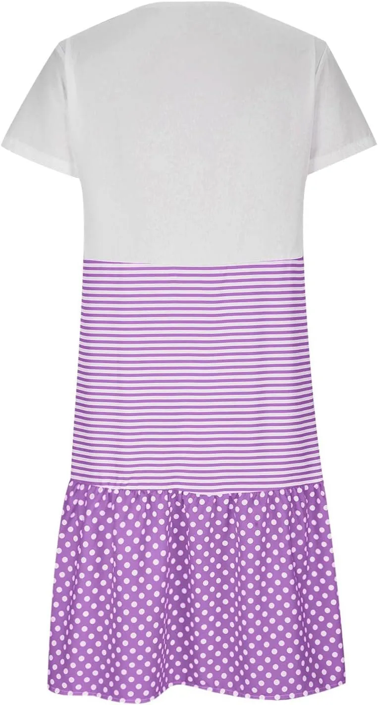 yardsong Casual Summer Dresses for Women Plus Size Short Sleeve Tshirt Dress Striped Polka Dot Patchwork Flowy Midi Dresses