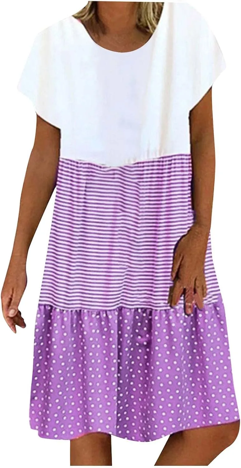 yardsong Casual Summer Dresses for Women Plus Size Short Sleeve Tshirt Dress Striped Polka Dot Patchwork Flowy Midi Dresses