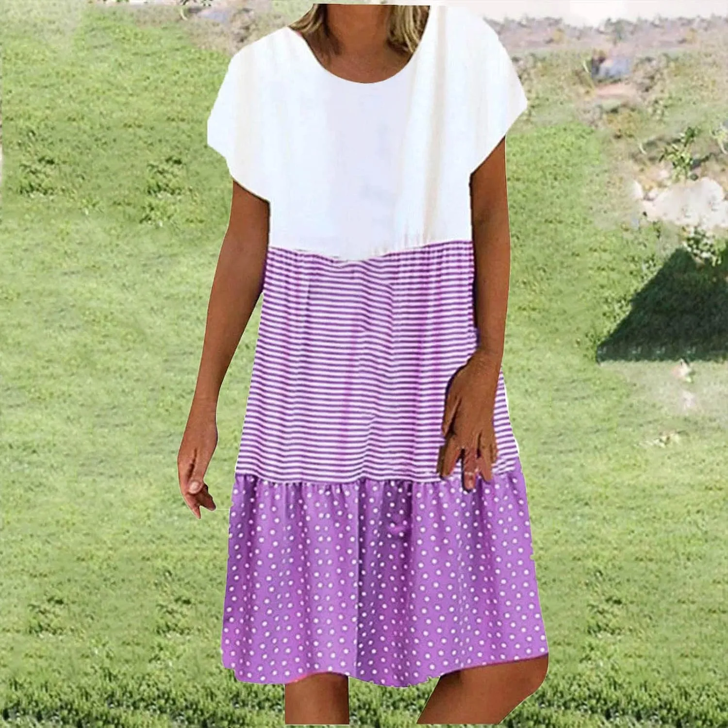 yardsong Casual Summer Dresses for Women Plus Size Short Sleeve Tshirt Dress Striped Polka Dot Patchwork Flowy Midi Dresses