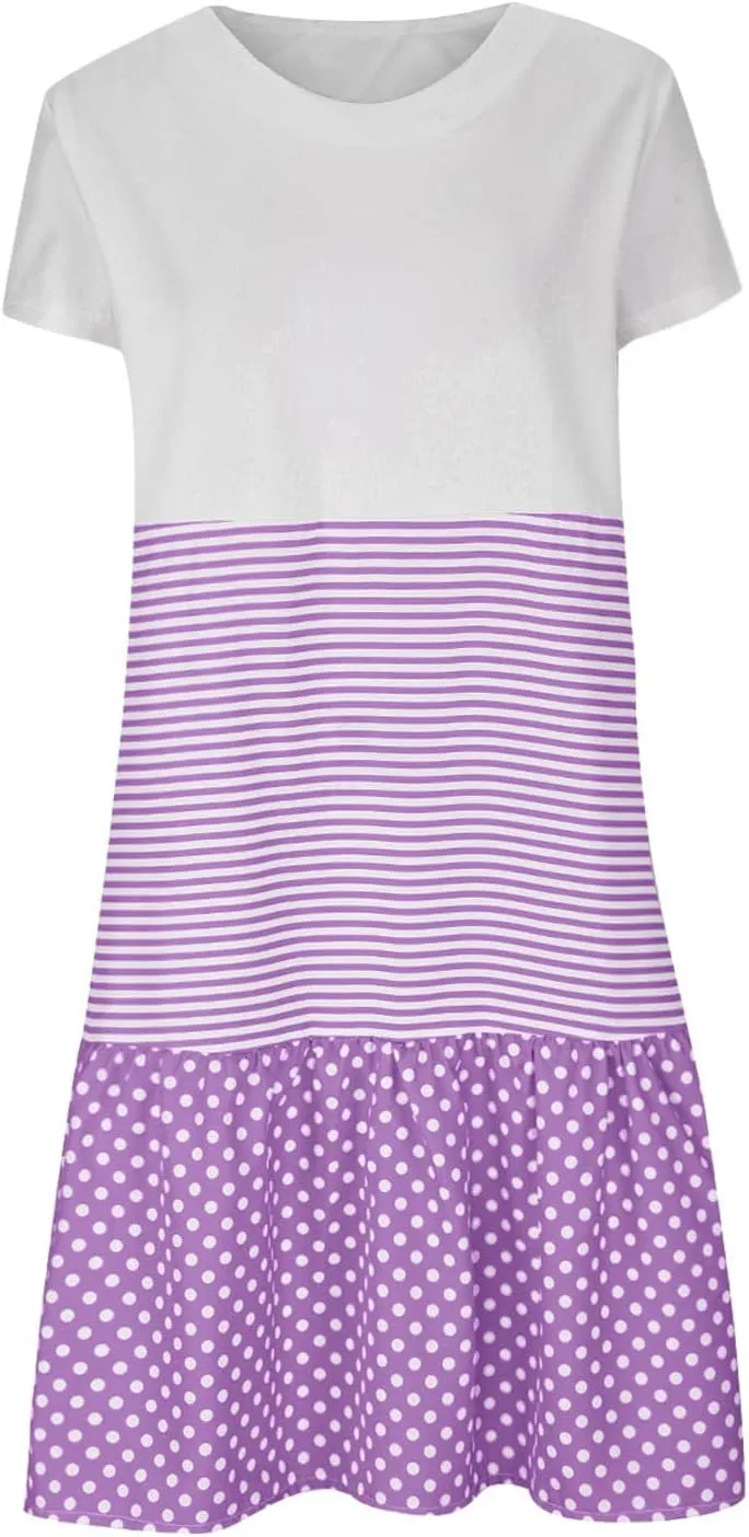 yardsong Casual Summer Dresses for Women Plus Size Short Sleeve Tshirt Dress Striped Polka Dot Patchwork Flowy Midi Dresses