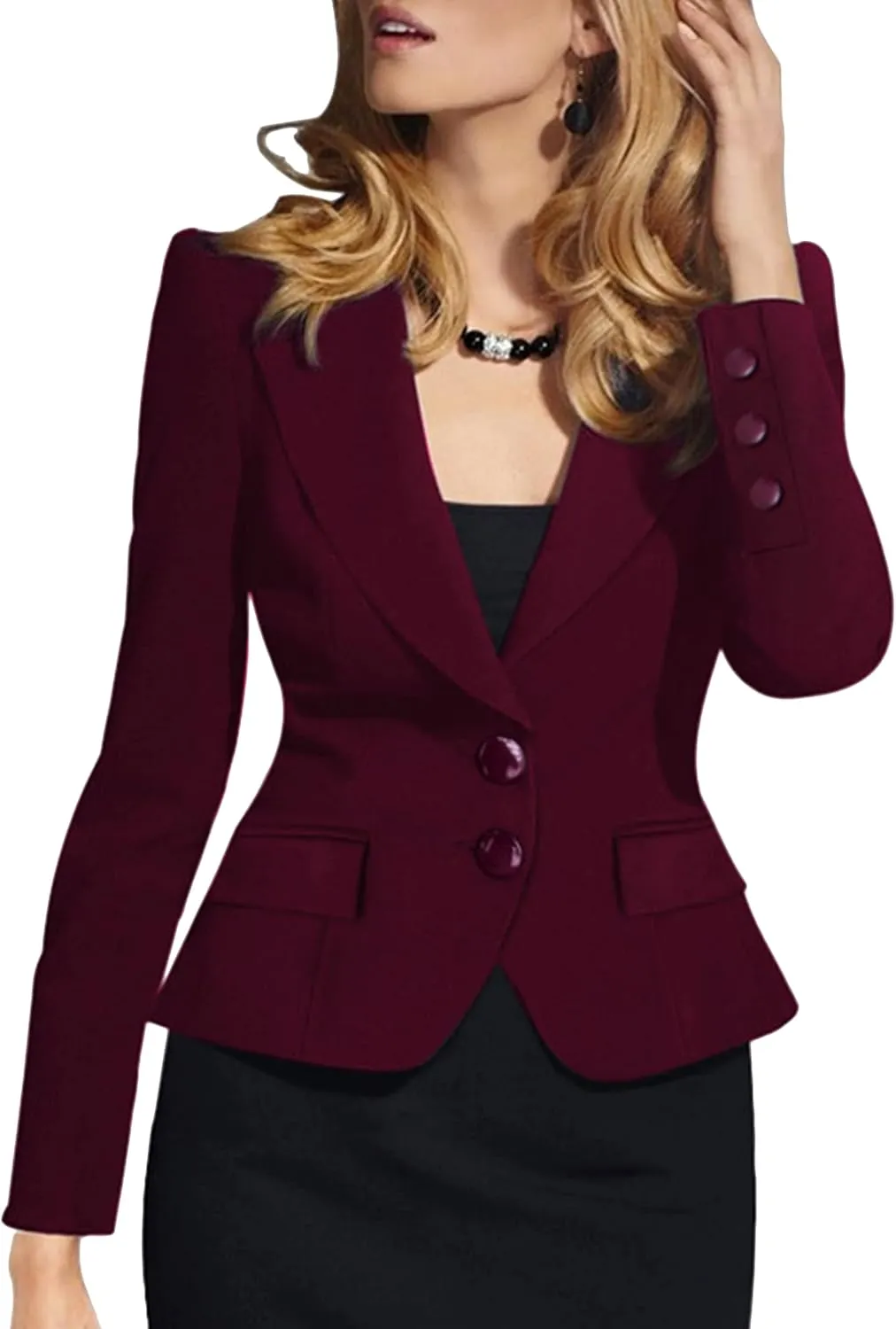 YMING Women's Button Down Slim Blazer Solid Color Office Cardigan Long Sleeve Ruffle Hem Jacket Plus Size