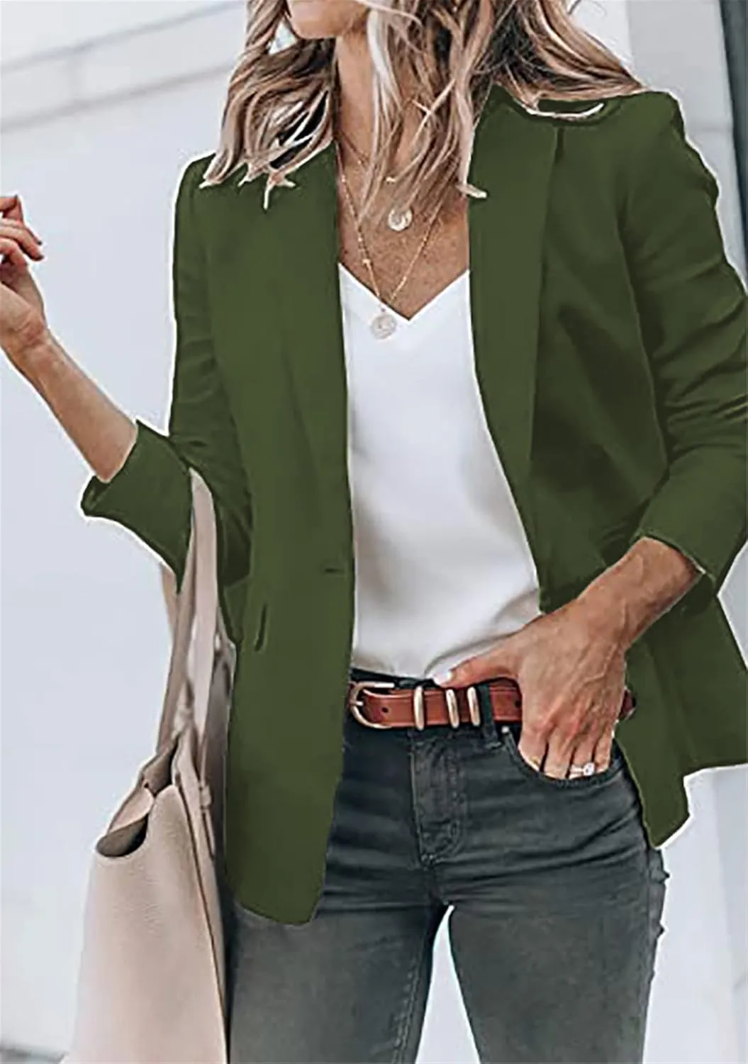 YMING Womens Casual Lapel Long Sleeve Blazer Open Front Work Jackets Button Solid Color Office Cardigan with Pockets