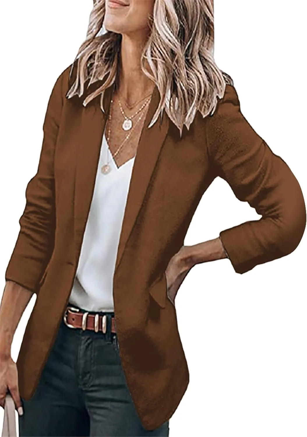 YMING Womens Casual Lapel Long Sleeve Blazer Open Front Work Jackets Button Solid Color Office Cardigan with Pockets