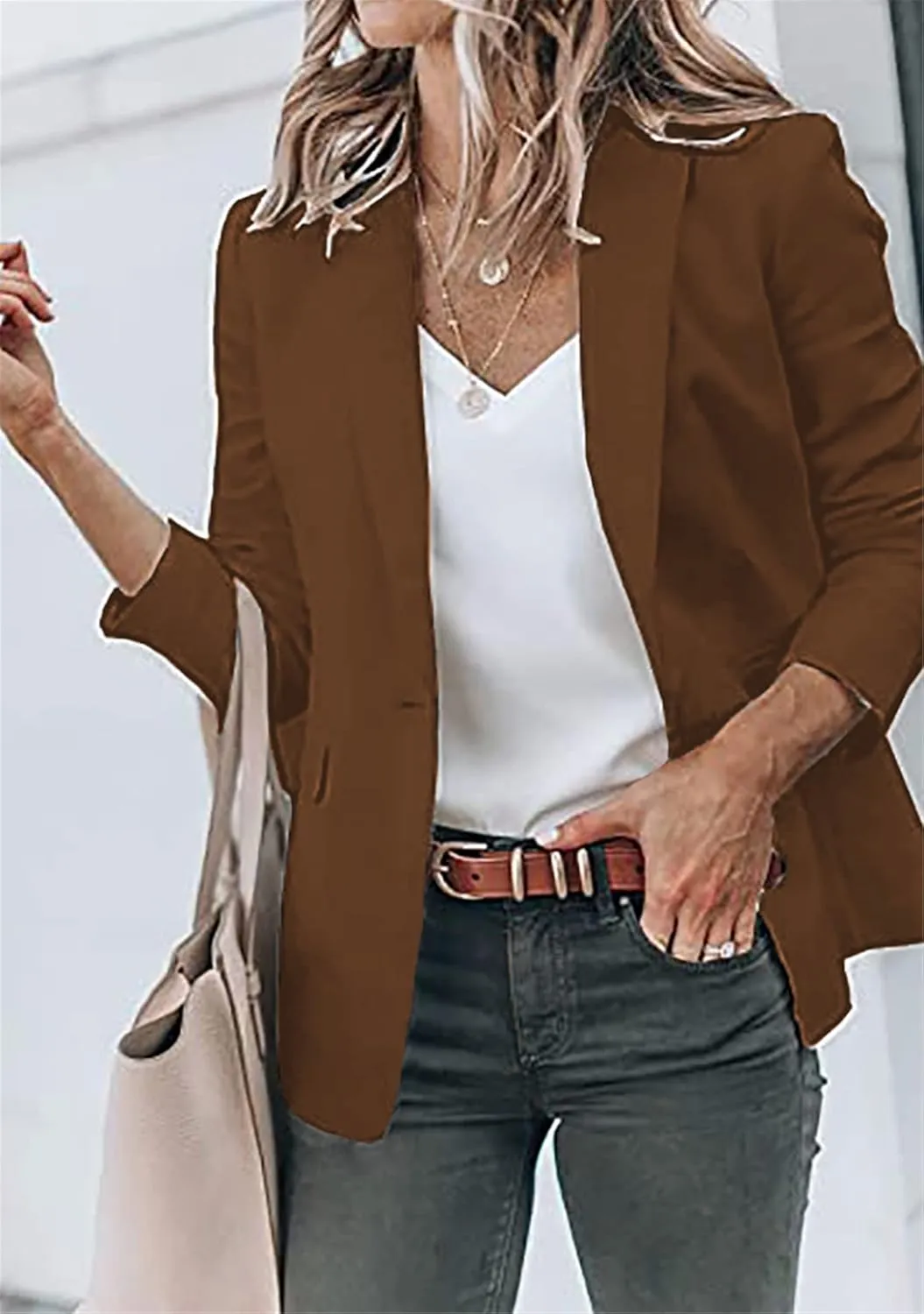 YMING Womens Casual Lapel Long Sleeve Blazer Open Front Work Jackets Button Solid Color Office Cardigan with Pockets