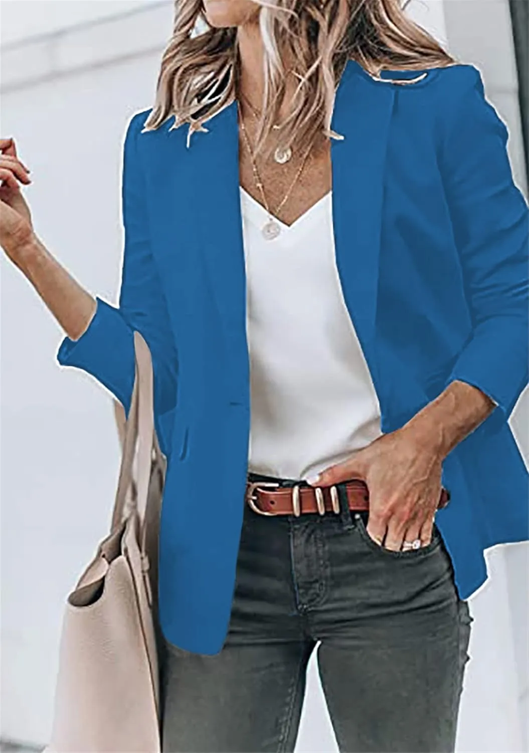 YMING Womens Casual Lapel Long Sleeve Blazer Open Front Work Jackets Button Solid Color Office Cardigan with Pockets