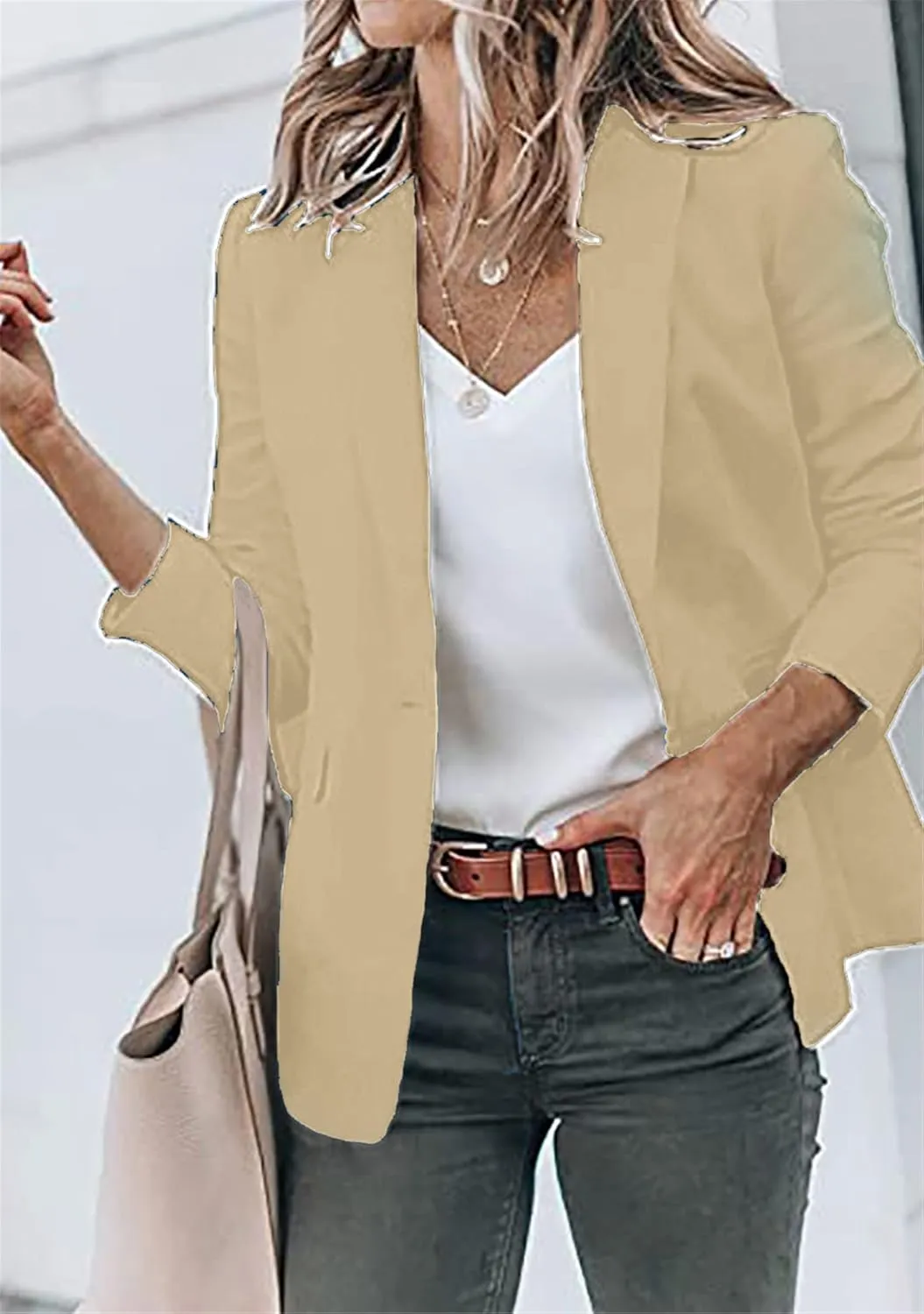 YMING Womens Casual Lapel Long Sleeve Blazer Open Front Work Jackets Button Solid Color Office Cardigan with Pockets
