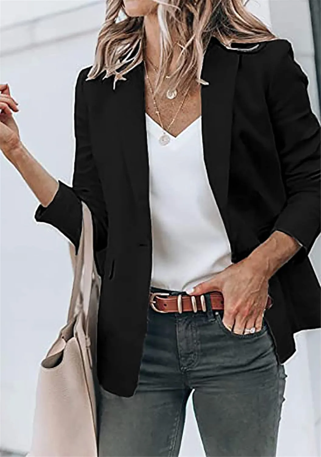 YMING Womens Casual Lapel Long Sleeve Blazer Open Front Work Jackets Button Solid Color Office Cardigan with Pockets