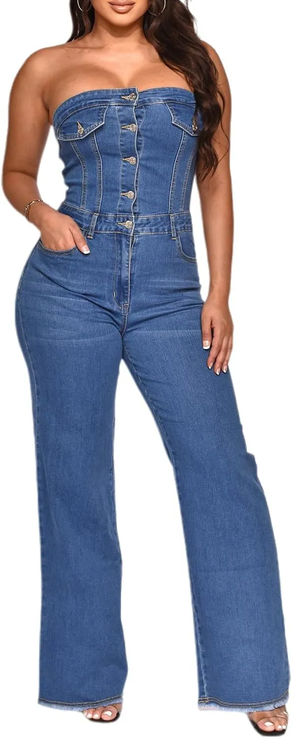 yoeasy Women's Sleeveless Denim Jumpsuits Button Down Sexy Strapless Tube Slim Fit Flared Jeans Romper Jumpsuit