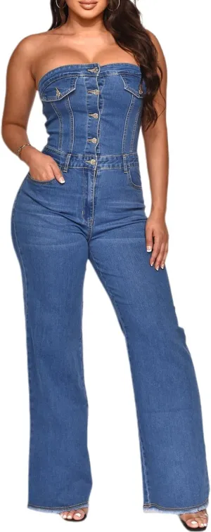 yoeasy Women's Sleeveless Denim Jumpsuits Button Down Sexy Strapless Tube Slim Fit Flared Jeans Romper Jumpsuit
