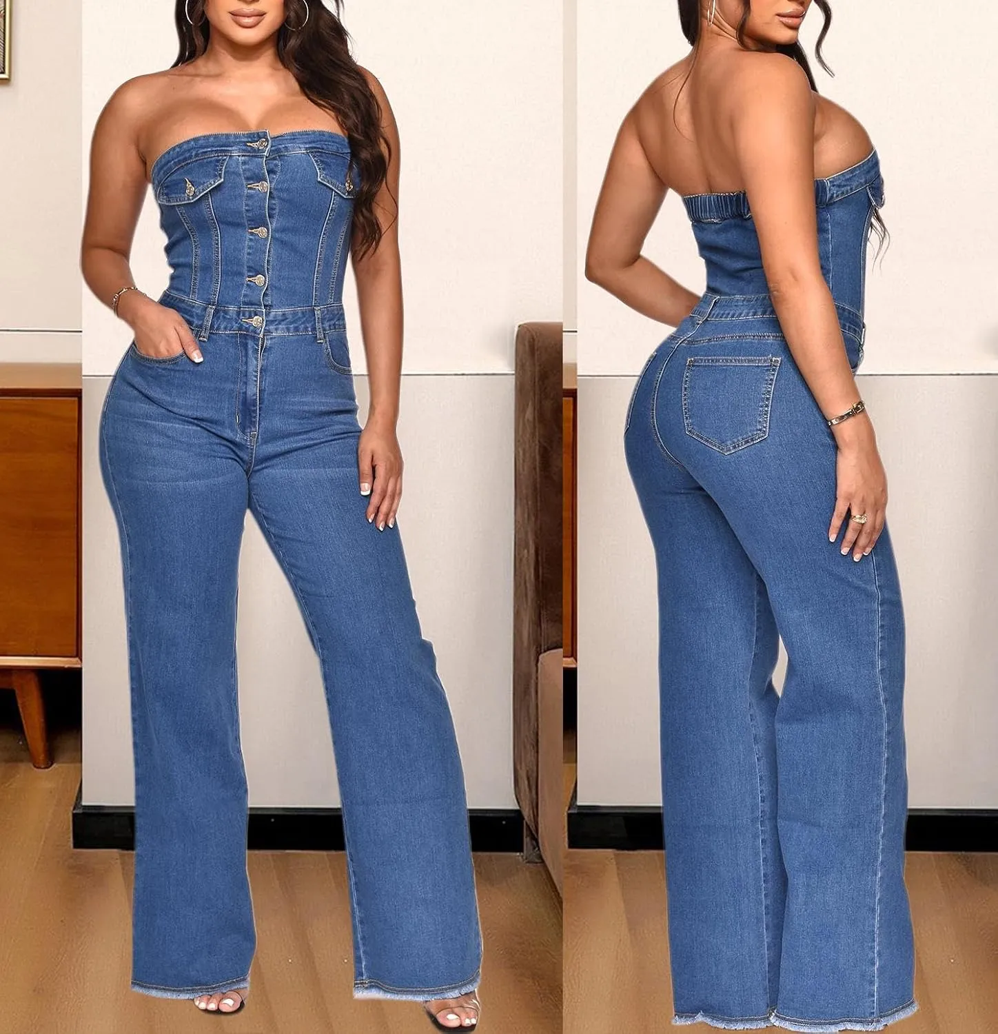 yoeasy Women's Sleeveless Denim Jumpsuits Button Down Sexy Strapless Tube Slim Fit Flared Jeans Romper Jumpsuit