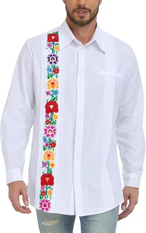 YZXDORWJ Men's Mexican Shirts Cuban Guayabera Shirts Casual Long Sleeve Embroidered Shirt Linen Summer Beach Shirts
