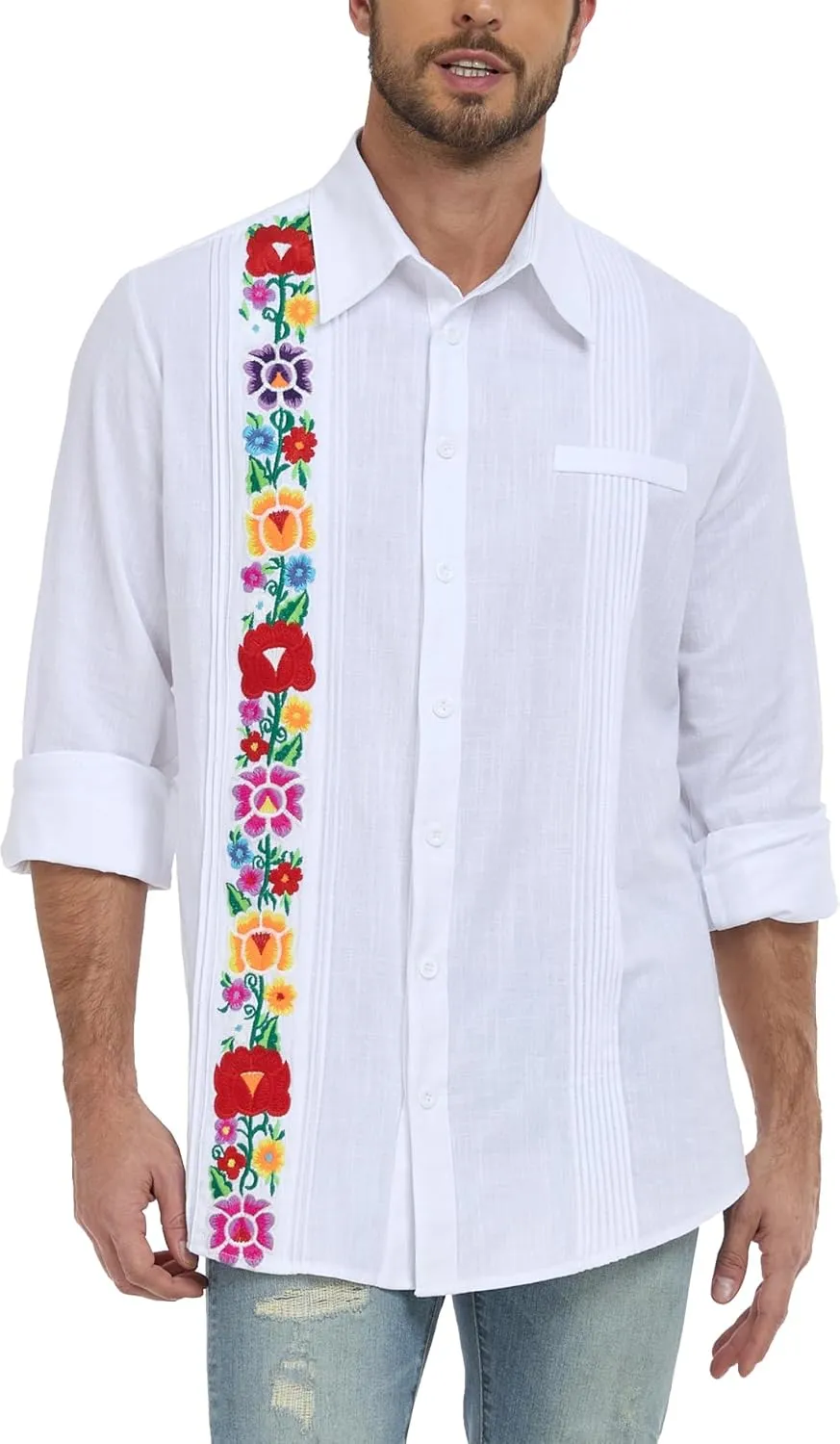 YZXDORWJ Men's Mexican Shirts Cuban Guayabera Shirts Casual Long Sleeve Embroidered Shirt Linen Summer Beach Shirts