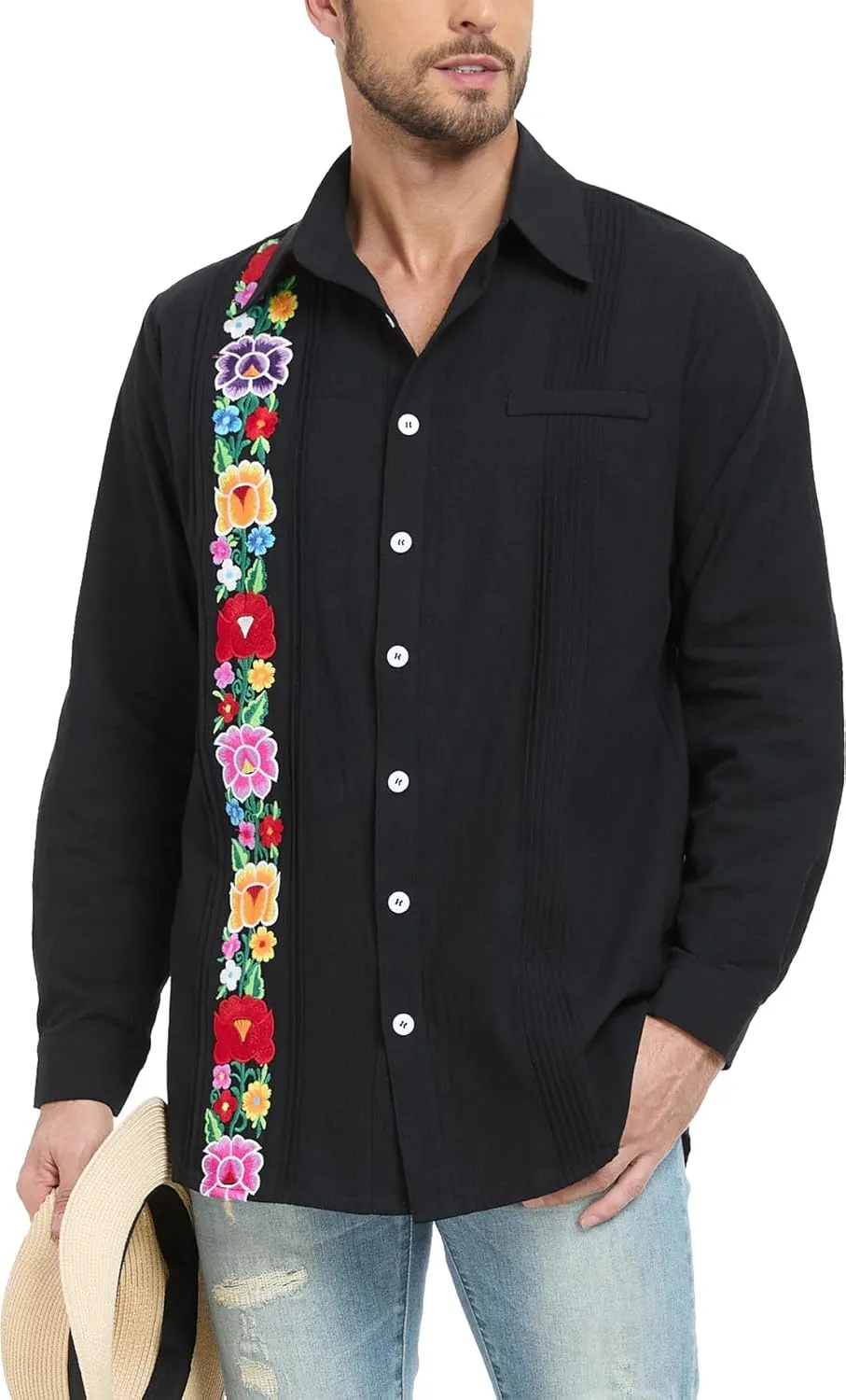 YZXDORWJ Men's Mexican Shirts Cuban Guayabera Shirts Casual Long Sleeve Embroidered Shirt Linen Summer Beach Shirts