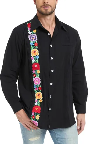 YZXDORWJ Men's Mexican Shirts Cuban Guayabera Shirts Casual Long Sleeve Embroidered Shirt Linen Summer Beach Shirts