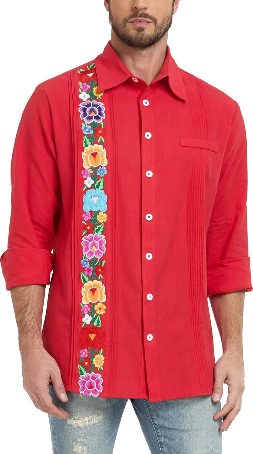 YZXDORWJ Men's Mexican Shirts Cuban Guayabera Shirts Casual Long Sleeve Embroidered Shirt Linen Summer Beach Shirts