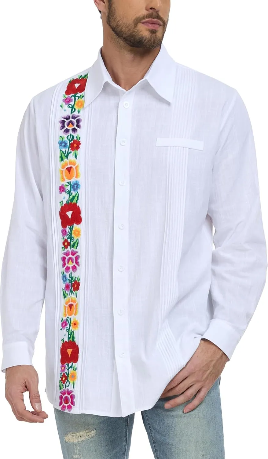 YZXDORWJ Men's Mexican Shirts Cuban Guayabera Shirts Casual Long Sleeve Embroidered Shirt Linen Summer Beach Shirts