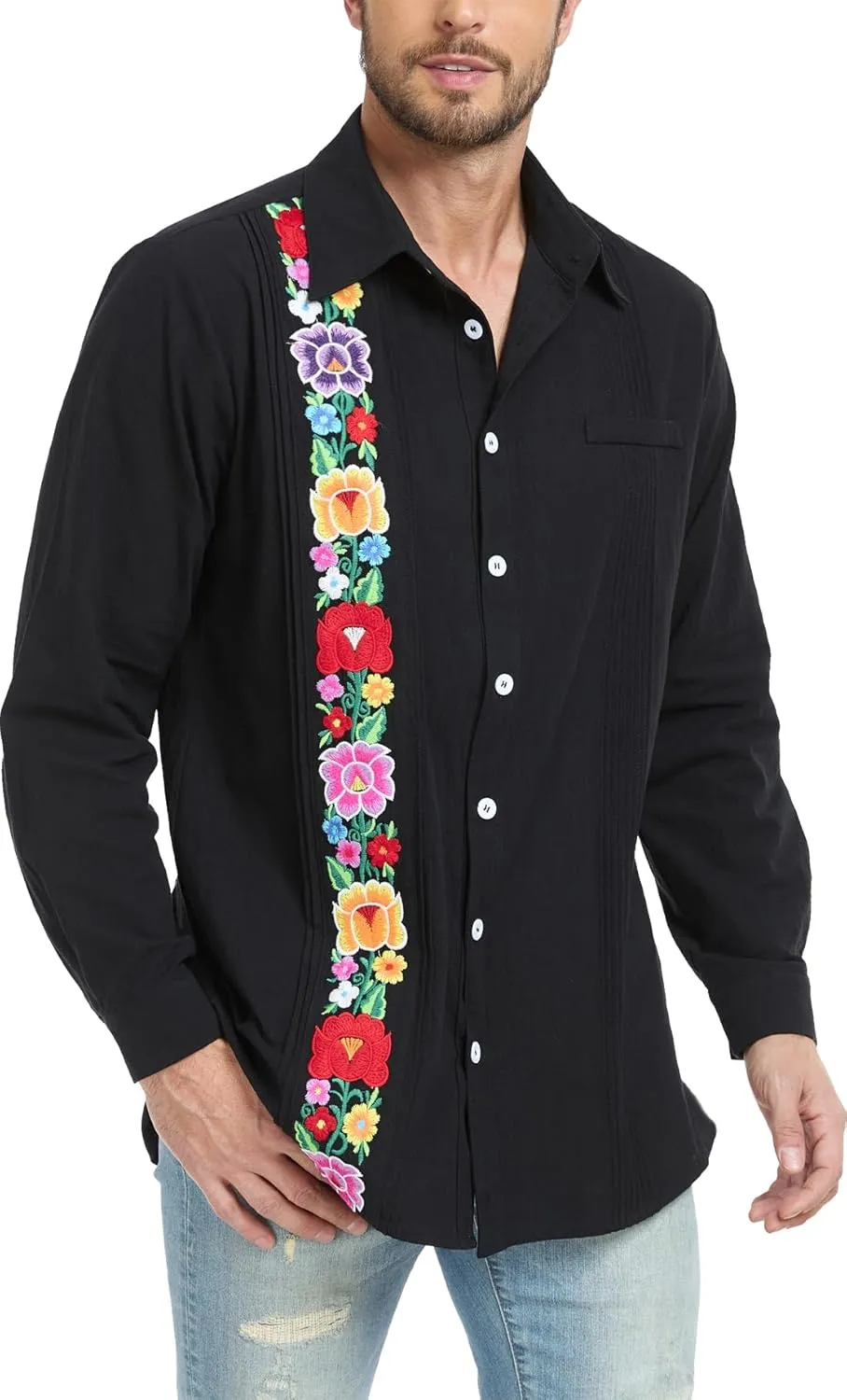 YZXDORWJ Men's Mexican Shirts Cuban Guayabera Shirts Casual Long Sleeve Embroidered Shirt Linen Summer Beach Shirts