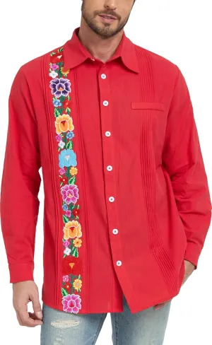 YZXDORWJ Men's Mexican Shirts Cuban Guayabera Shirts Casual Long Sleeve Embroidered Shirt Linen Summer Beach Shirts