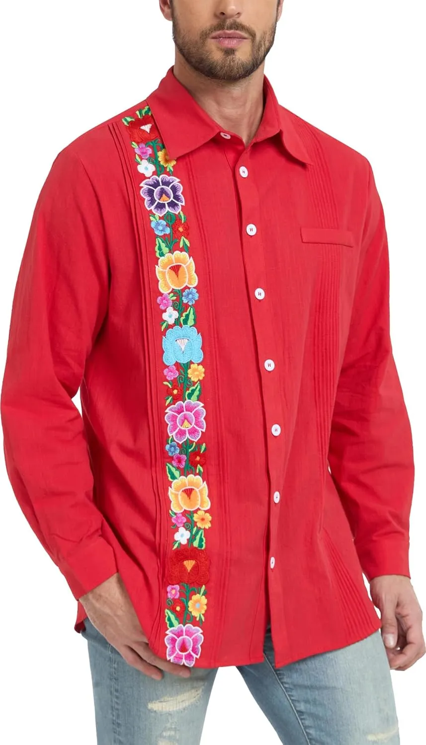 YZXDORWJ Men's Mexican Shirts Cuban Guayabera Shirts Casual Long Sleeve Embroidered Shirt Linen Summer Beach Shirts
