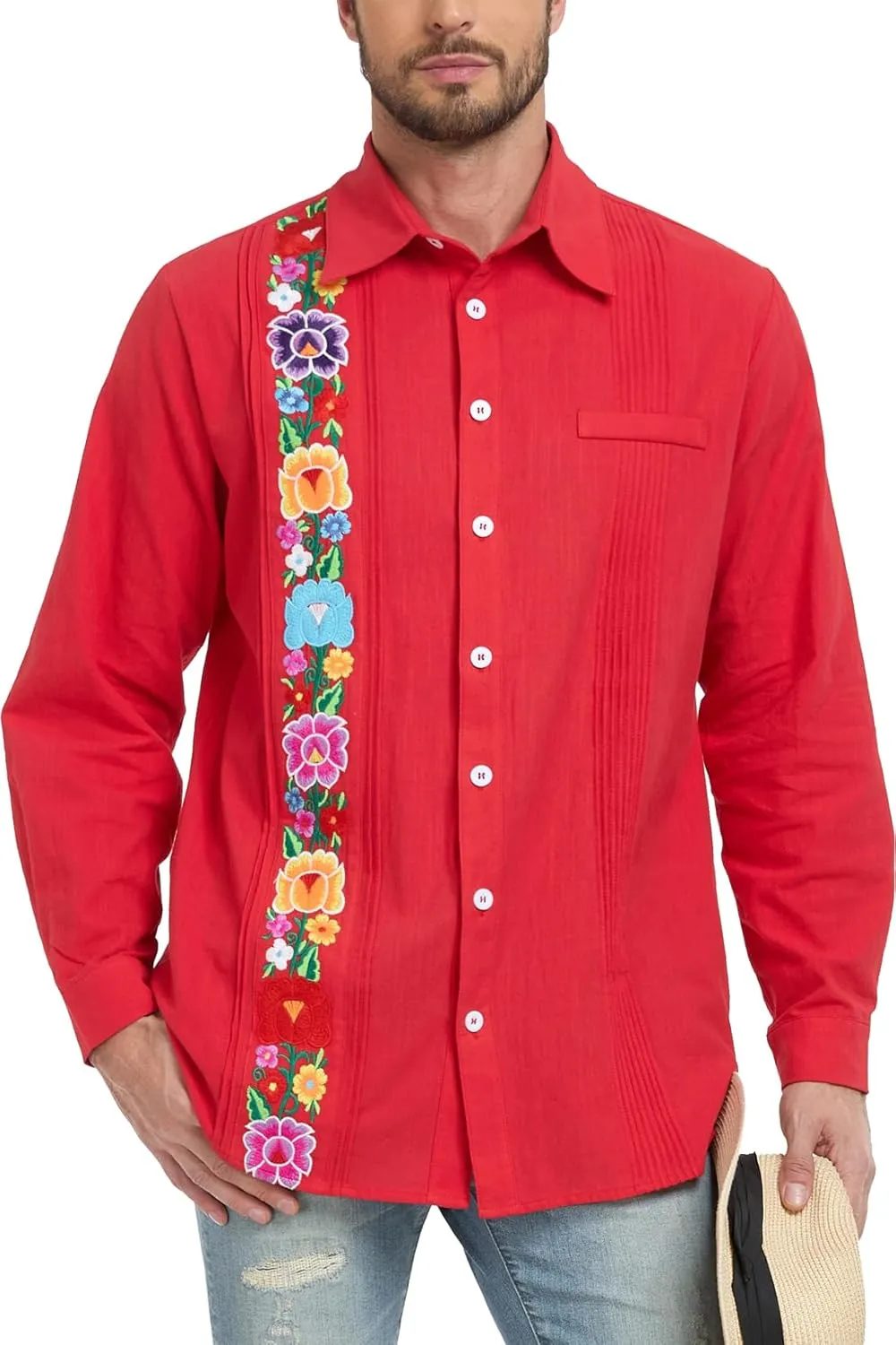YZXDORWJ Men's Mexican Shirts Cuban Guayabera Shirts Casual Long Sleeve Embroidered Shirt Linen Summer Beach Shirts