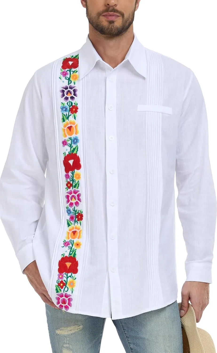 YZXDORWJ Men's Mexican Shirts Cuban Guayabera Shirts Casual Long Sleeve Embroidered Shirt Linen Summer Beach Shirts
