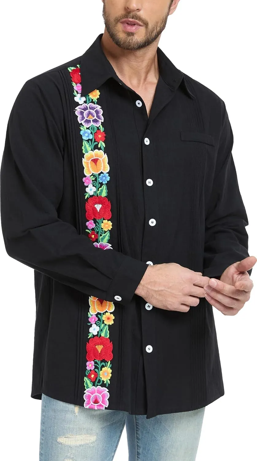 YZXDORWJ Men's Mexican Shirts Cuban Guayabera Shirts Casual Long Sleeve Embroidered Shirt Linen Summer Beach Shirts