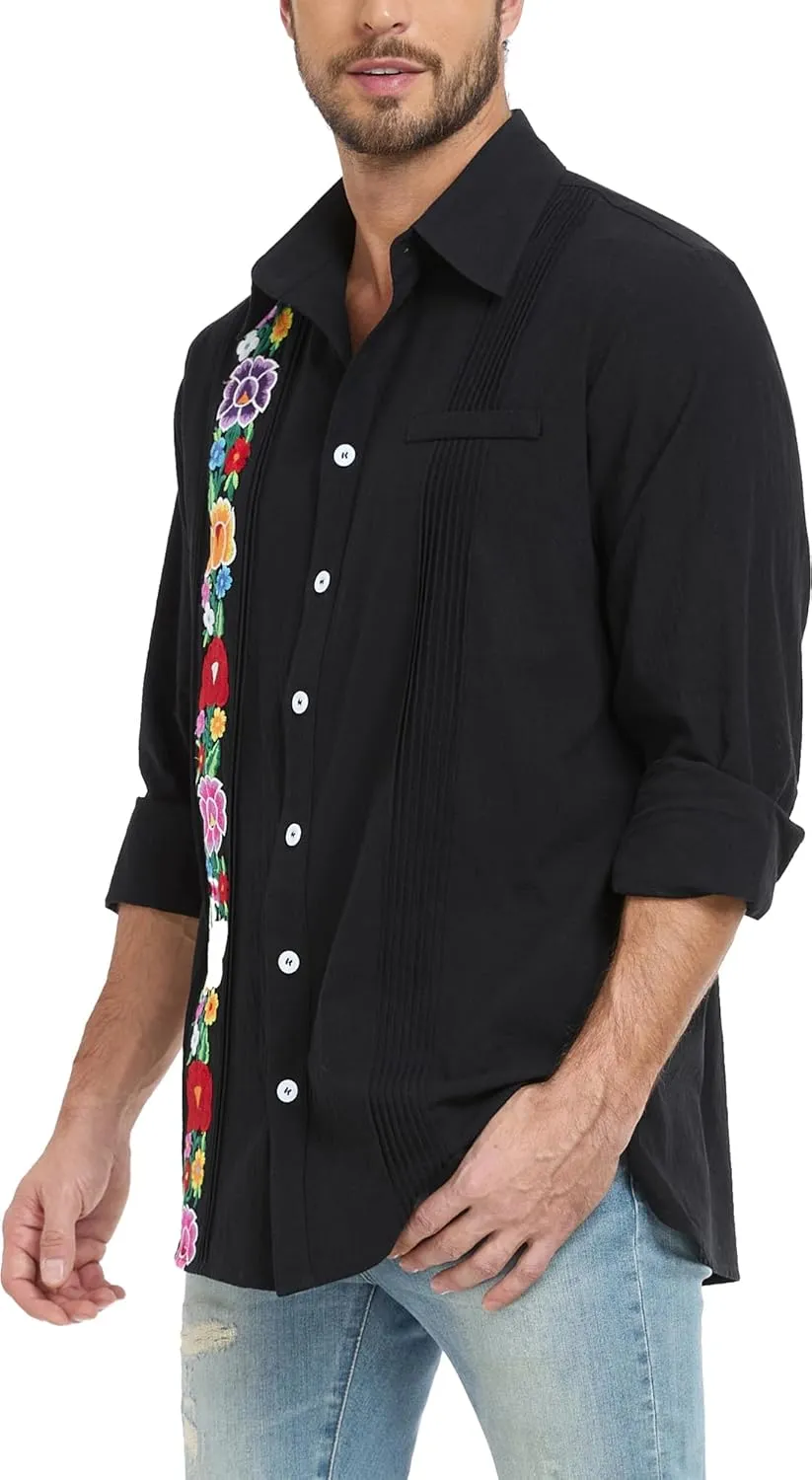 YZXDORWJ Men's Mexican Shirts Cuban Guayabera Shirts Casual Long Sleeve Embroidered Shirt Linen Summer Beach Shirts