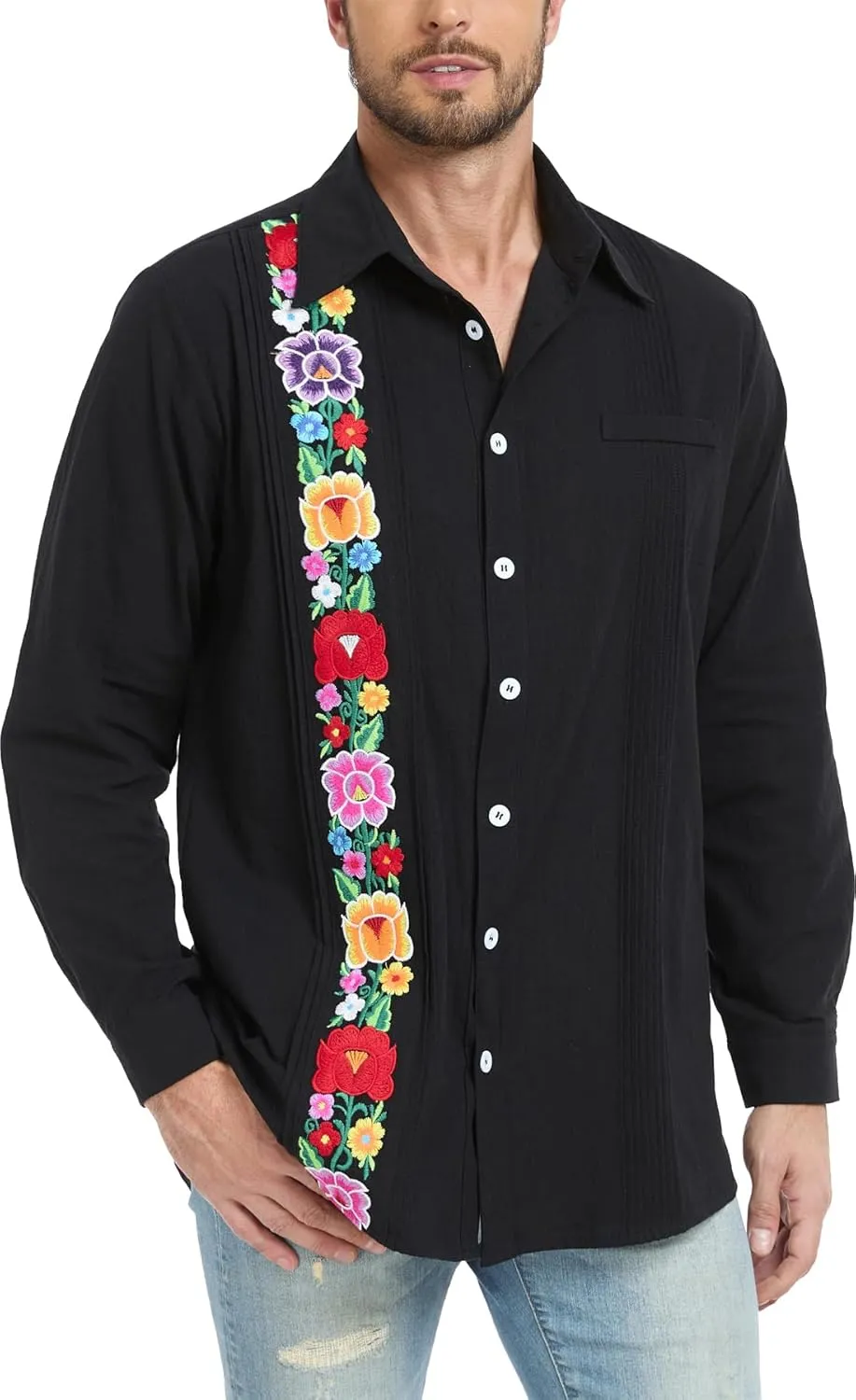 YZXDORWJ Men's Mexican Shirts Cuban Guayabera Shirts Casual Long Sleeve Embroidered Shirt Linen Summer Beach Shirts