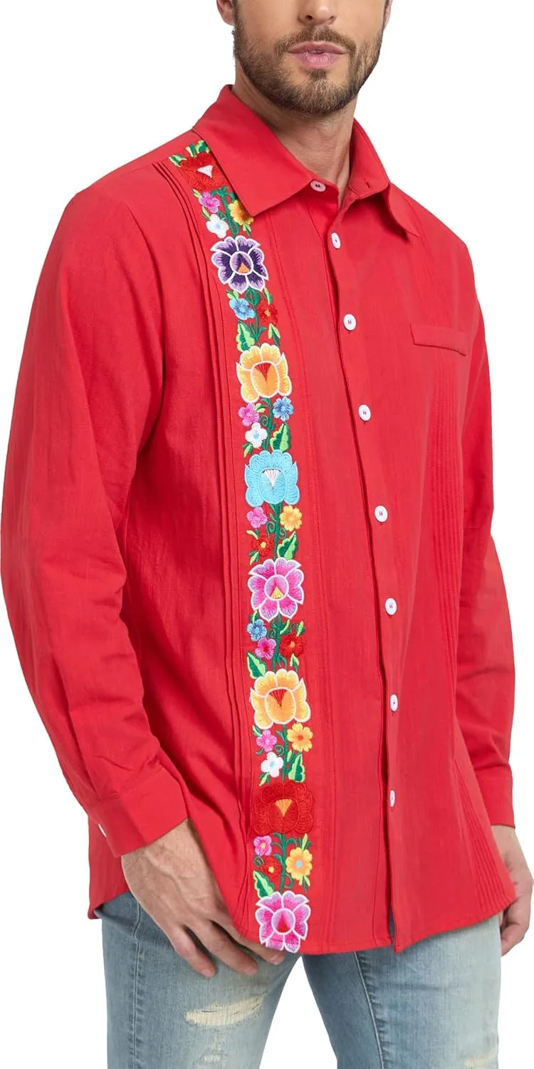 YZXDORWJ Men's Mexican Shirts Cuban Guayabera Shirts Casual Long Sleeve Embroidered Shirt Linen Summer Beach Shirts