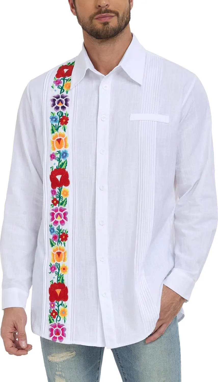 YZXDORWJ Men's Mexican Shirts Cuban Guayabera Shirts Casual Long Sleeve Embroidered Shirt Linen Summer Beach Shirts