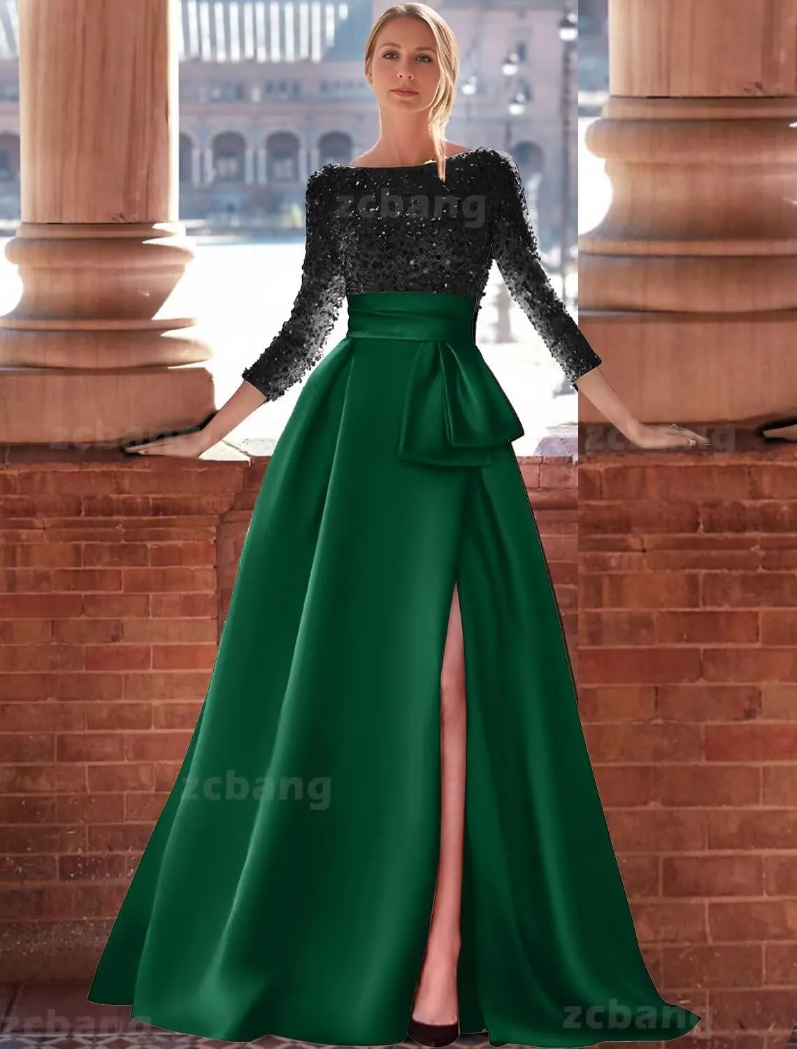 zcbang Long Sleeve Formal Dresses for Women 2024 Sparkly Sequin Satin Prom Dresses with Slit Aline Ball Gown