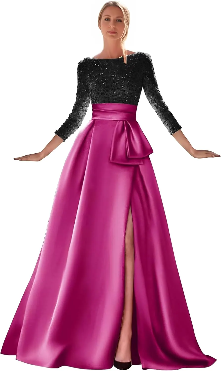 zcbang Long Sleeve Formal Dresses for Women 2024 Sparkly Sequin Satin Prom Dresses with Slit Aline Ball Gown