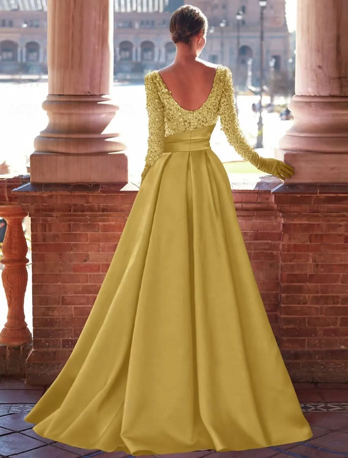 zcbang Long Sleeve Formal Dresses for Women 2024 Sparkly Sequin Satin Prom Dresses with Slit Aline Ball Gown
